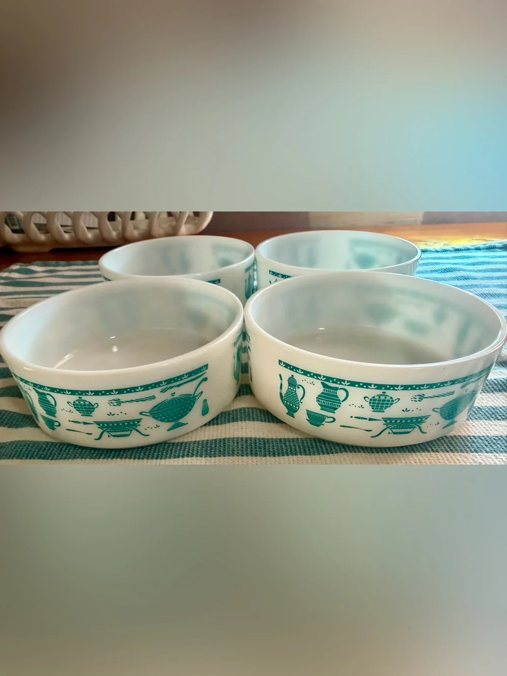 Vintage 1950s Hazel Atlas Kitchen Aids Milk Glass Turquoise Teal Set of 4 Bowls
